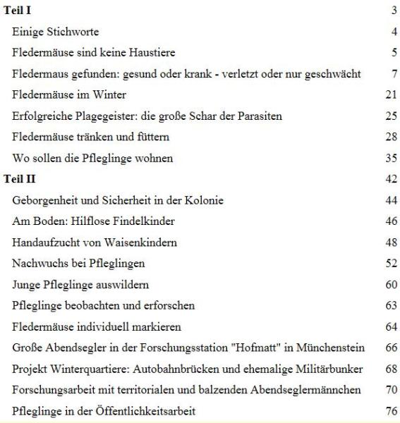 Inhaltsverzeichnis: Fledermausbrevier Teil I und II