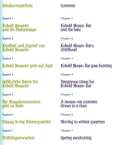 Inhaltsverzeichnis: Kobold Mausohr - zweisprachig Deutsch und Englisch
